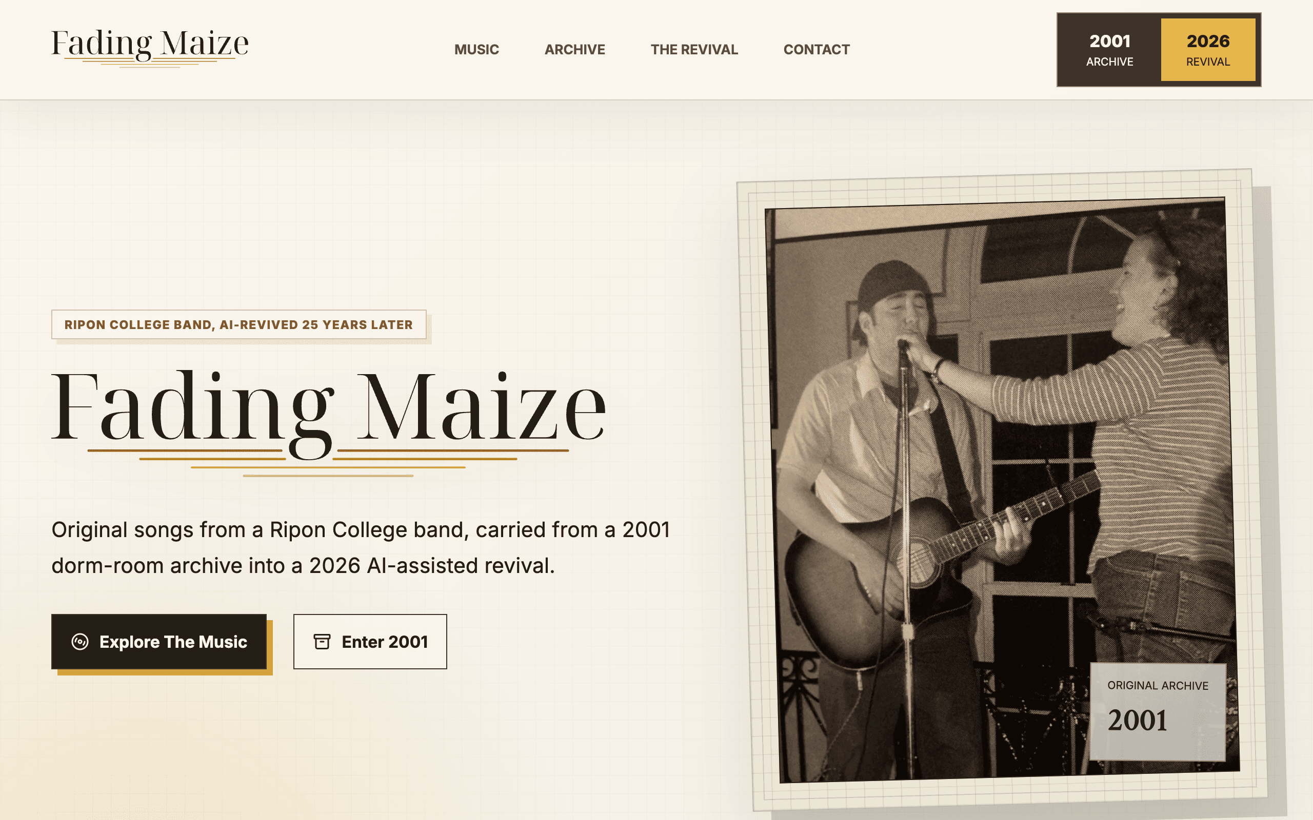 The Fading Maize site: archival photograph and 2001/2026 toggle