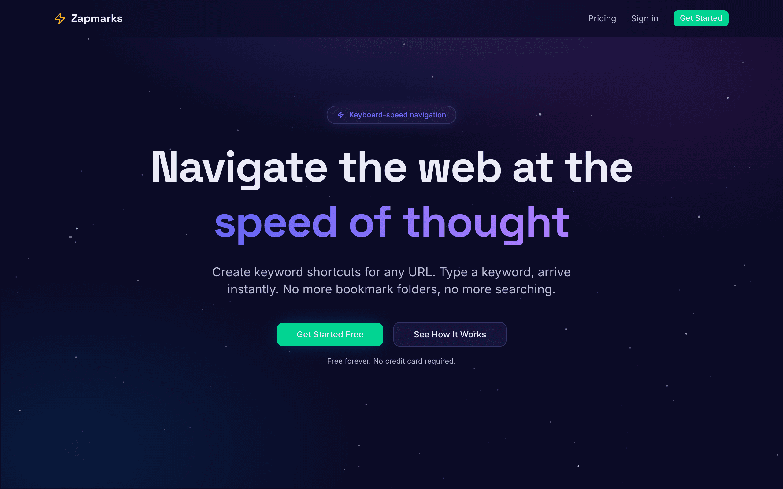 The Zapmarks homepage: a single keyword box on an indigo sky