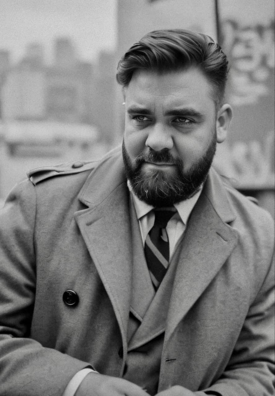 Black-and-white portrait of Jacob Graf in a wool coat and striped tie